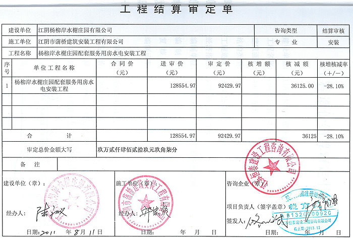 杨柳岸水榭庄园安装工程审定表 杨柳岸水榭庄园安装工程审定表